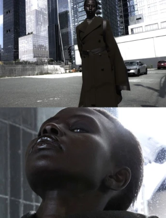 Fashion shot of a Black female model in a trench coat on a city street with skyscrapers, followed by a close-up beauty shot.