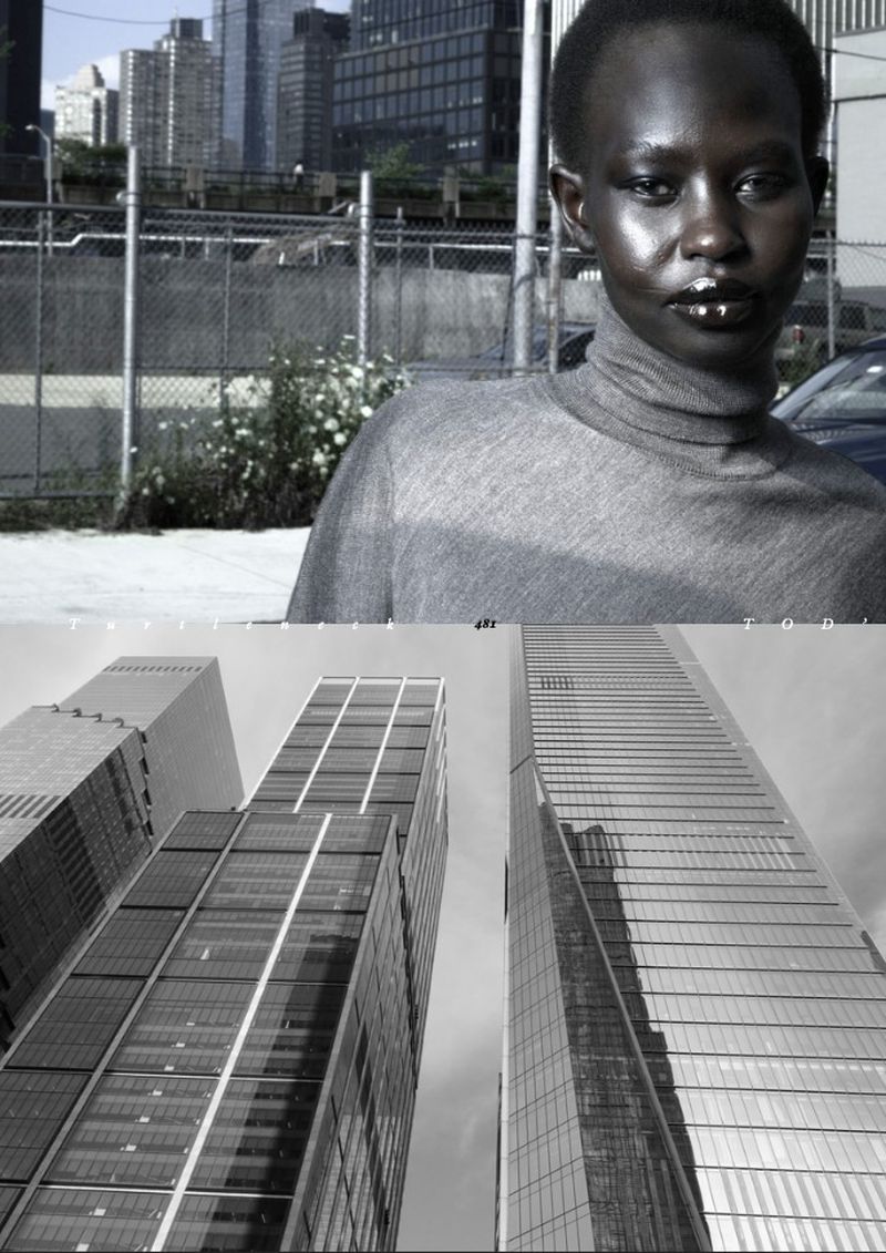 Portrait of an adult woman in a grey turtleneck with city buildings in the background against a split image of buildings below.