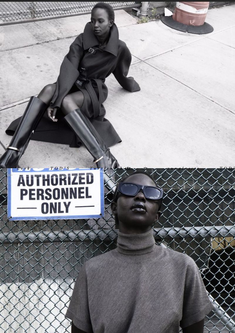 A split-screen fashion shot of an African American woman in a trench coat and knee-high boots against a concrete backdrop and chainlink fence.