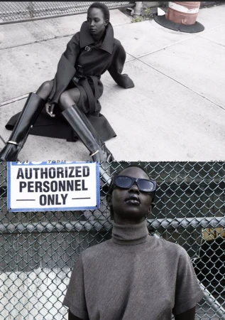 A split-screen fashion shot of an African American woman in a trench coat and knee-high boots against a concrete backdrop and chainlink fence.