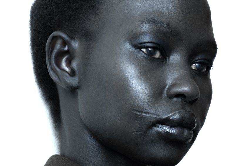 Close-up portrait of an African woman with a sleek hairstyle, wearing neutral makeup with glossy lips, against a white background.