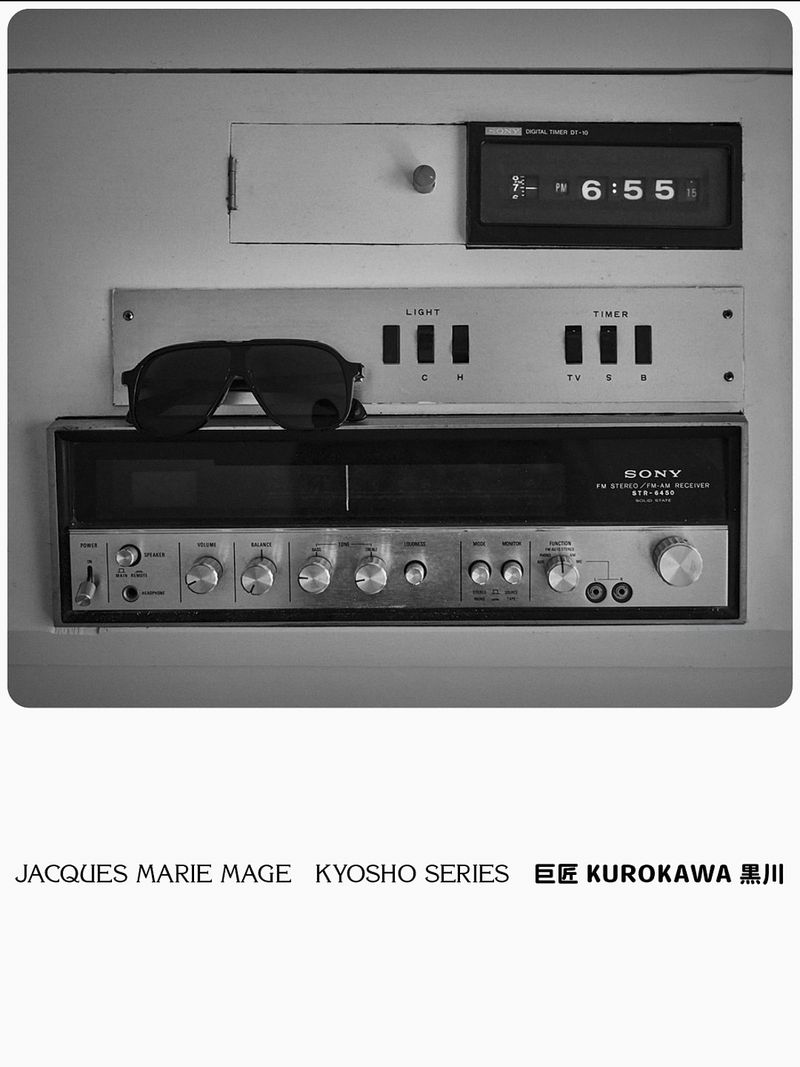 Black and white studio shot featuring a vintage Sony FM stereo receiver, sunglasses, and an analog clock reading 6:55 PM.