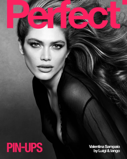 Monochromatic portrait of Valentina Sampaio with flowing blonde hair, wearing a sheer black robe. Pink text "Perfect" and "Pin-Ups".