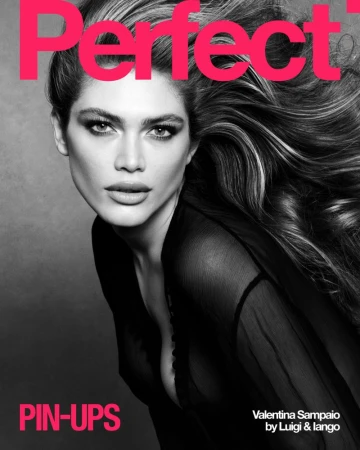Monochromatic portrait of Valentina Sampaio with flowing blonde hair, wearing a sheer black robe. Pink text "Perfect" and "Pin-Ups".