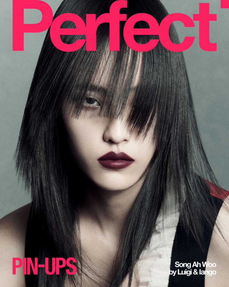 Perfect magazine cover featuring an Asian woman with dark hair partially obscuring her face, wearing dark lipstick, and a black top.