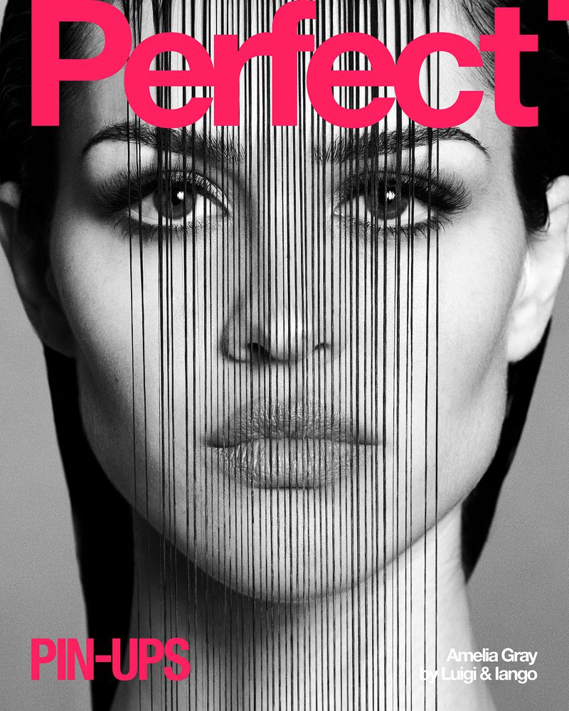 Close-up black and white portrait of a woman's face bisected by vertical black lines, overlaid with pink text, stylish and visually striking.