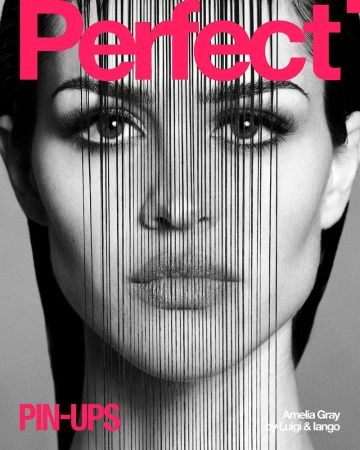 Close-up black and white portrait of a woman's face bisected by vertical black lines, overlaid with pink text, stylish and visually striking.