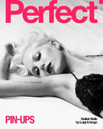 Monochrome portrait of Delilah Belle lying down wearing a black top against a white background with bold pink text at top and bottom.
