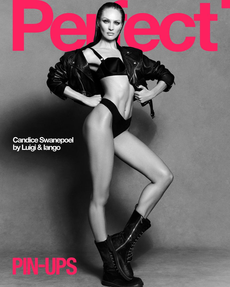 Candice Swanepoel poses in a black leather jacket and bikini bottoms, and black combat boots for a magazine cover in a studio setting.