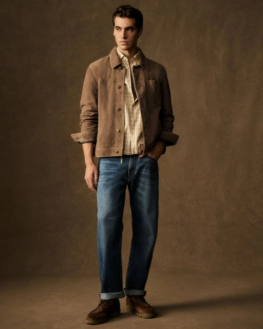 A full shot of a male model in a brown jacket, patterned shirt, blue jeans, and brown boots, posing against a mottled brown backdrop.