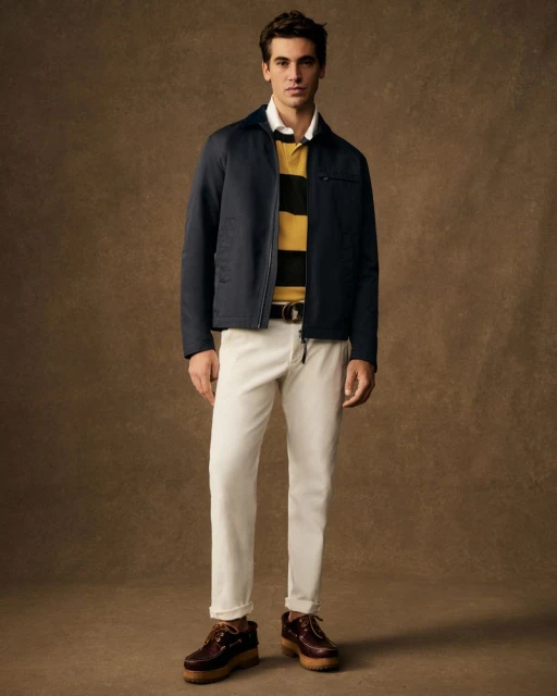 A full-length shot of a man in a navy jacket, striped shirt, and cream-colored pants stands against a mottled brown backdrop in a studio setting.