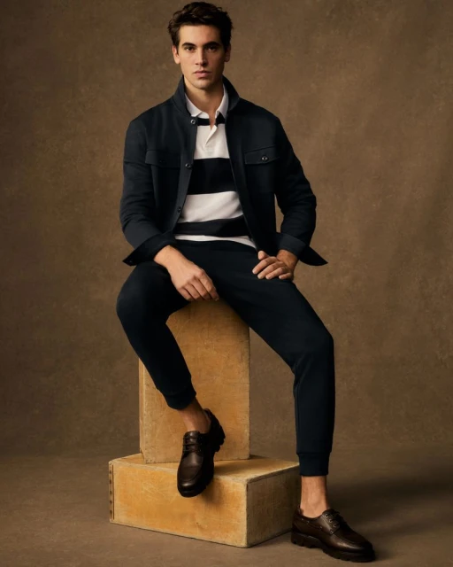 A dark-haired man sits casually in a navy jacket and pants with brown leather shoes, posing against a warm brown backdrop.