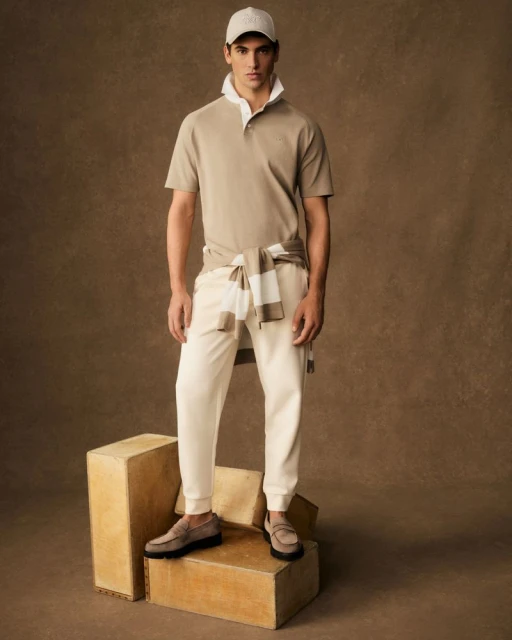 A young adult male model stands indoors wearing casual beige polo shirt, white pants, white baseball cap, and dark loafers on props.