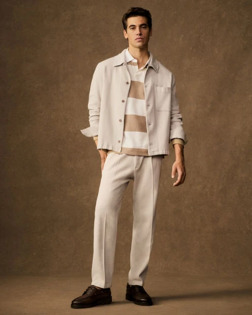 A full shot of a man in a beige shirt jacket with matching pants and brown dress shoes against a muted brown backdrop.