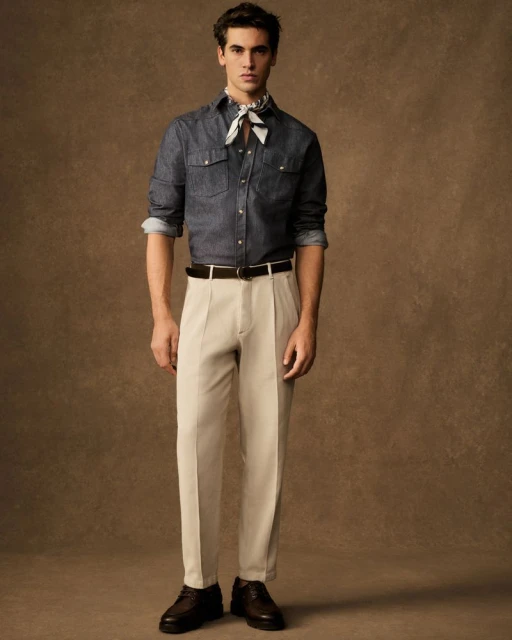 Man in a denim shirt, tan pants, and neck scarf stands against a brown background. Full body shot shows his classic, stylish outfit.