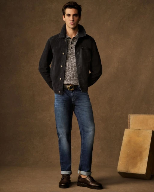 A full-length shot of a stylish adult man in a black jacket, patterned shirt, and jeans, posing indoors with neutral backdrop and oxfords.