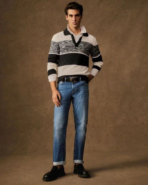Full-length portrait of a young adult man in a sweater, jeans, and loafers, standing against a neutral brown background, looking at the camera.