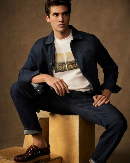 A man in a blue denim jacket and jeans is sitting on a wooden block in a studio setting, wearing brown leather deck shoes. 