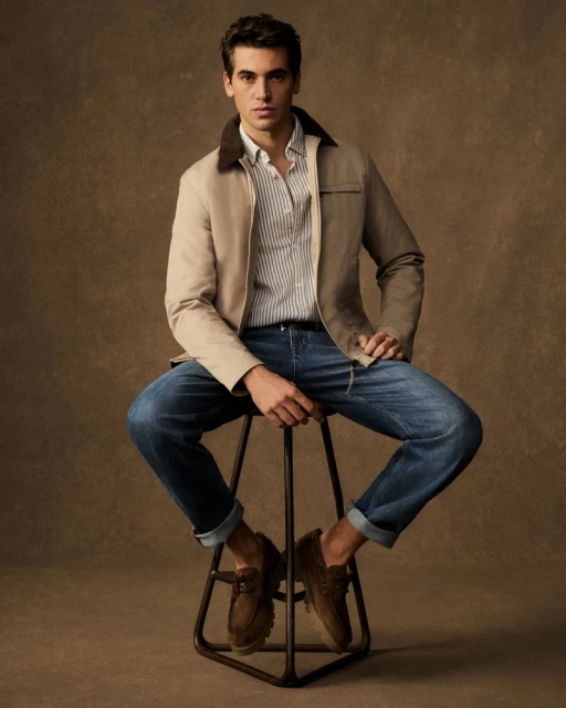 Man in a tan jacket and jeans sitting on a stool in a studio. He is wearing casual brown loafers and posing for a portrait.