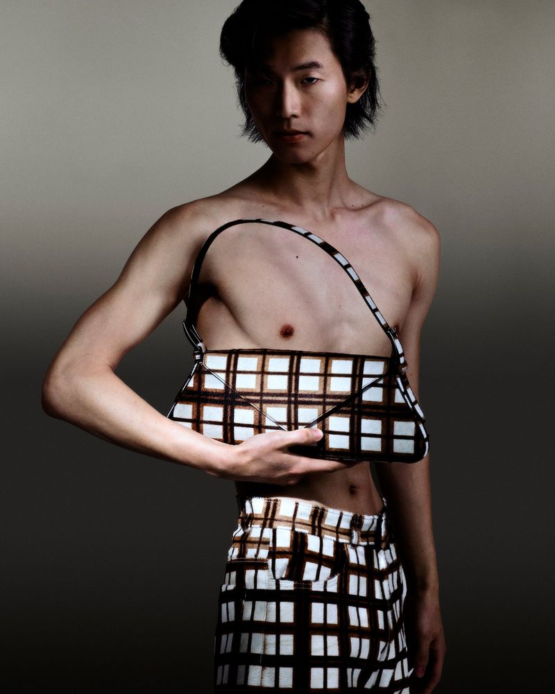 Fashionable individual showcases a brown and white plaid handbag and matching pants, illuminated by soft lighting.