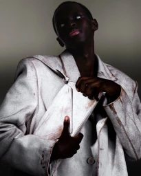 Model wearing an oversized distressed white coat holding a matching CAMPERLAB Kirje bag against a dark studio gradient backdrop.