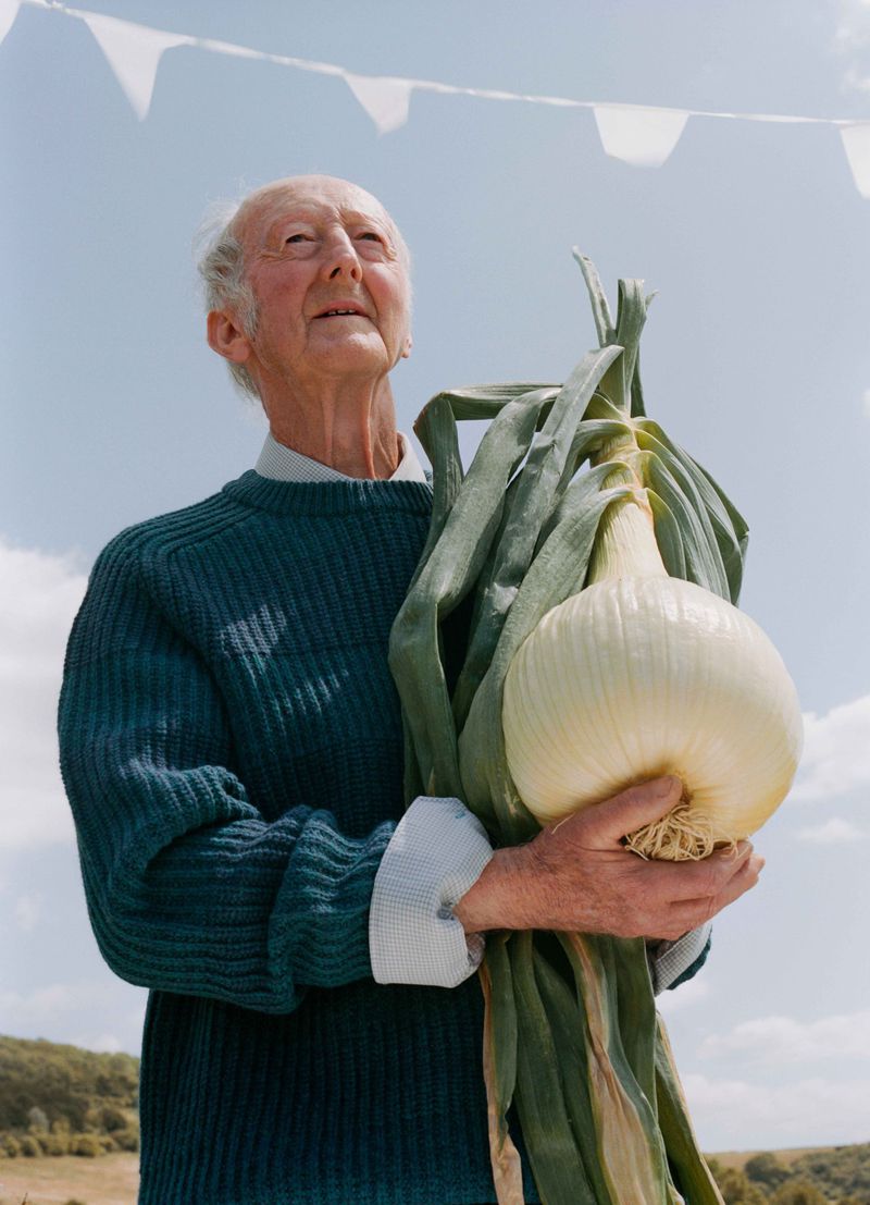 Elderly man with a large onion against a blue sky, holding the vegetable with both hands while looking upwards, with white pennants above.