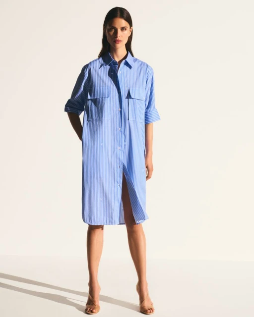 Full-length shot of a woman in a striped blue shirt dress and heels against a white backdrop. Fashion editorial content.