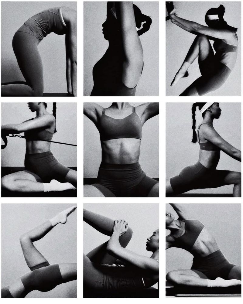 Black and white grid of nine athletic women in sports bras and shorts, striking yoga poses and stretches against a plain background.