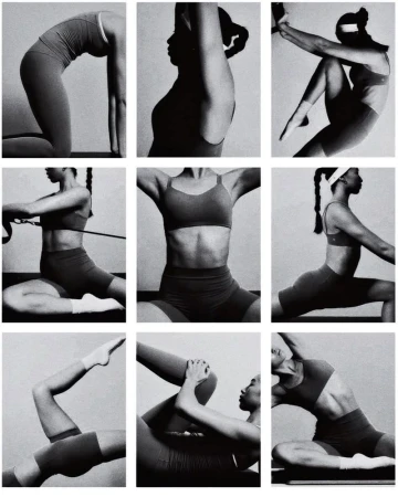 Black and white grid of nine athletic women in sports bras and shorts, striking yoga poses and stretches against a plain background.