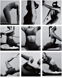 Nine-panel monochrome photographic grid showcasing a female model in athletic wear stretching and posing