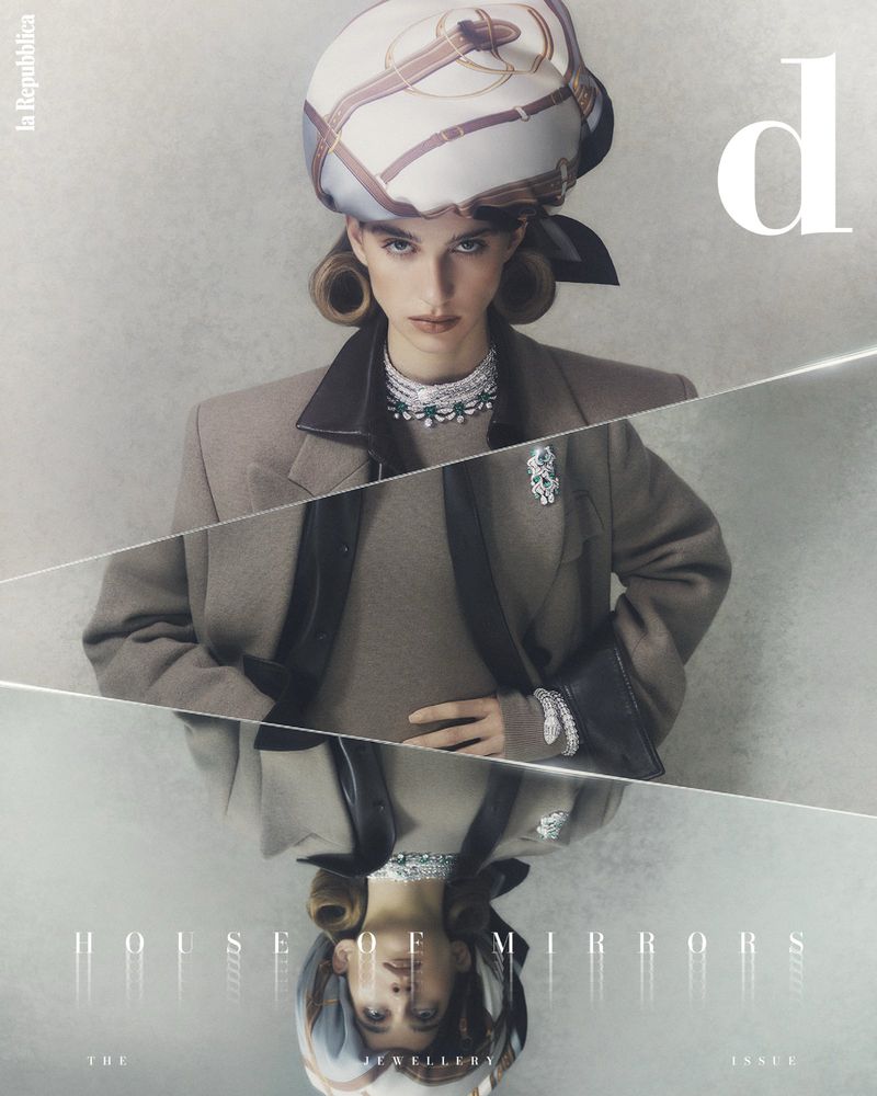 Magazine cover featuring a woman wearing an embellished headscarf and jewelry, reflected as if viewed in mirrors, with neutral tones.