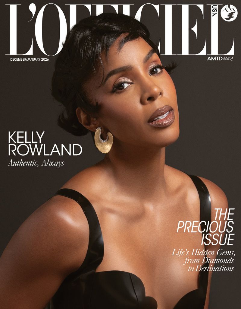 Magazine cover featuring Kelly Rowland in a black top and gold earrings against a dark background, with the L'Officiel USA logo.