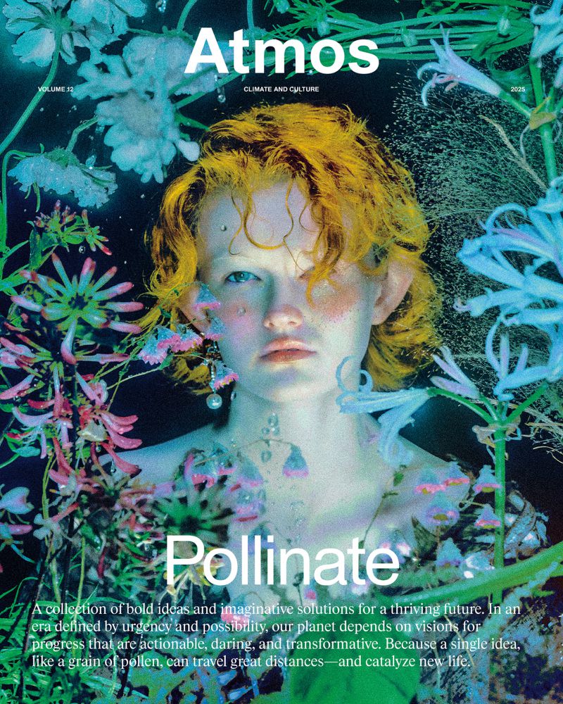 Magazine cover featuring a model with golden hair surrounded by blue and pink flowers and the words Atmos and Pollinate in white.