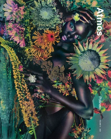 Model Akuol Deng Atem surrounded by vibrant botanical flowers and sunflowers for Atmos Magazine cover.