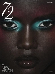 Extreme close-up beauty portrait of model Ajus Samuel with shimmering turquoise eyeshadow on the 72 Magazine cover.