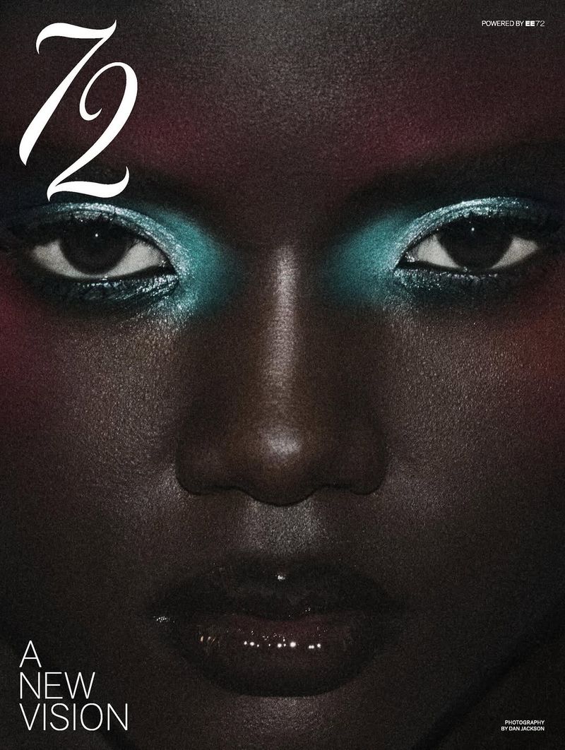 Close-up portrait of a woman with teal eyeshadow and glossy lips against a dark background, editorial style for beauty advertising.
