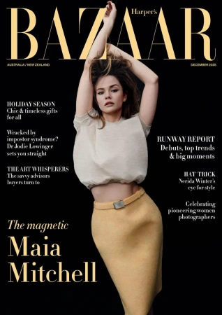 Magazine cover featuring Maia Mitchell in a beige top and skirt with arms raised, showcasing Harper's Bazaar Australia/New Zealand December 2020 issue.