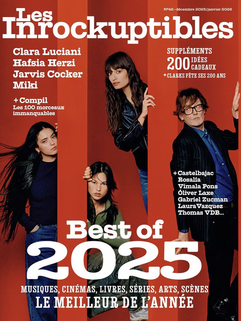 Magazine cover featuring four individuals: Clara Luciani, Hafsia Herzi, Jarvis Cocker, and Miki, advertising 'Best of 2025' in music, cinema, literature, arts.