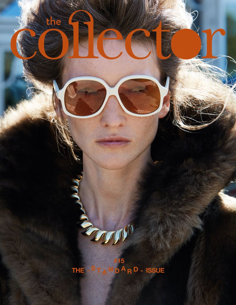 Magazine cover featuring a woman wearing large sunglasses, a gold necklace, and a fur coat, with the magazine's title 'The Collector' at the top.