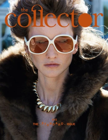 Magazine cover featuring a woman wearing large sunglasses, a gold necklace, and a fur coat, with the magazine's title 'The Collector' at the top.