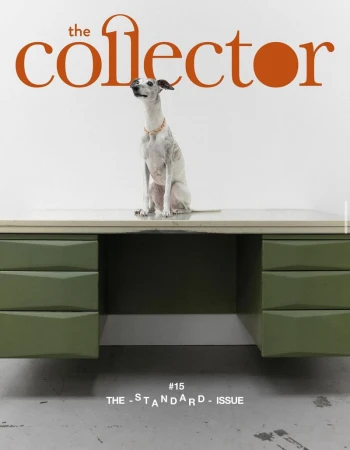 Magazine cover featuring a light-grey dog sitting on a green desk in front of an orange logo and white backdrop, in a studio shot.