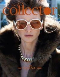 Model wearing white frame sunglasses, a gold necklace, and a brown fur coat on The Collector Magazine cover.