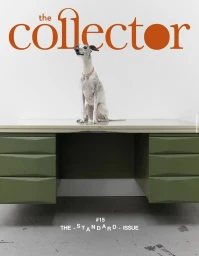 Italian Greyhound sitting on an olive green mid-century desk against a plain white studio background on a magazine cover.