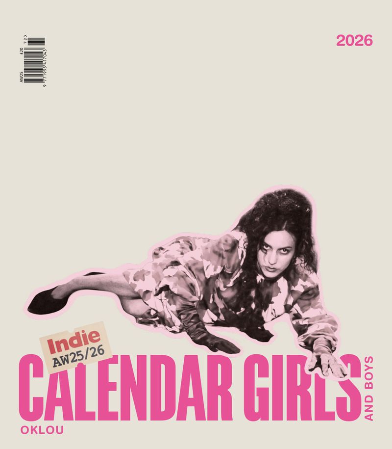 Indie magazine cover with a woman lying in a patterned outfit against a light background, bold pink text 'CALENDAR GIRLS AND BOYS'.