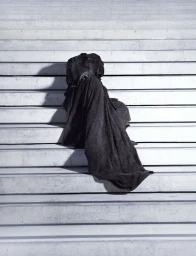 A figure draped entirely in heavy black fabric sits curled on wide, light-colored concrete stairs.