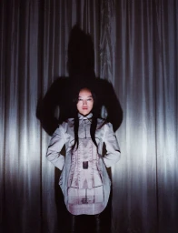 Pan Daijing wearing a printed collared tunic standing in front of draped curtains with a dark silhouette shadow behind her.