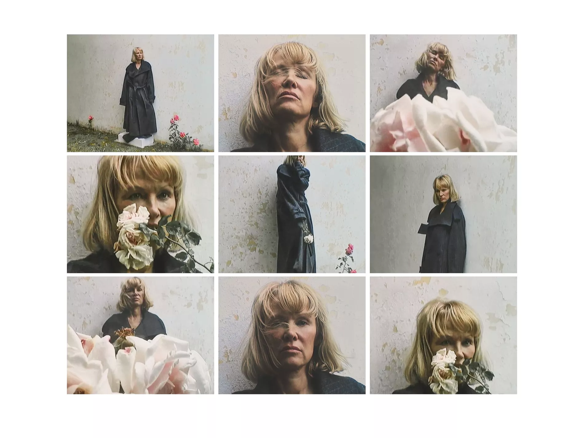 Artistic collage of an adult woman with blonde hair posing with flowers against a distressed wall in an indoor setting, creating an artistic composition.