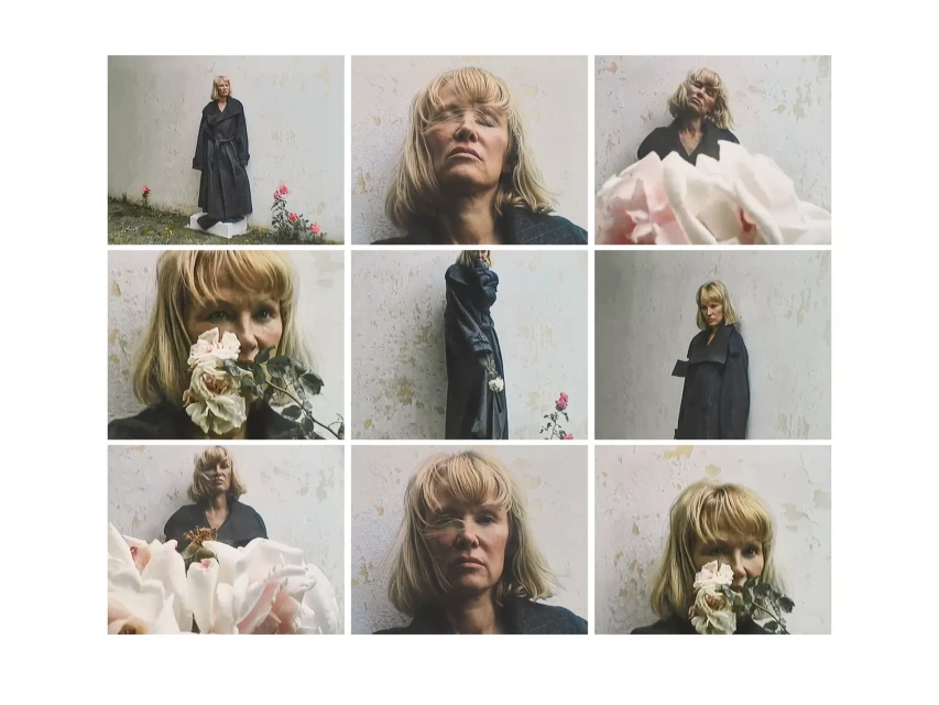 Artistic collage of an adult woman with blonde hair posing with flowers against a distressed wall in an indoor setting, creating an artistic composition.
