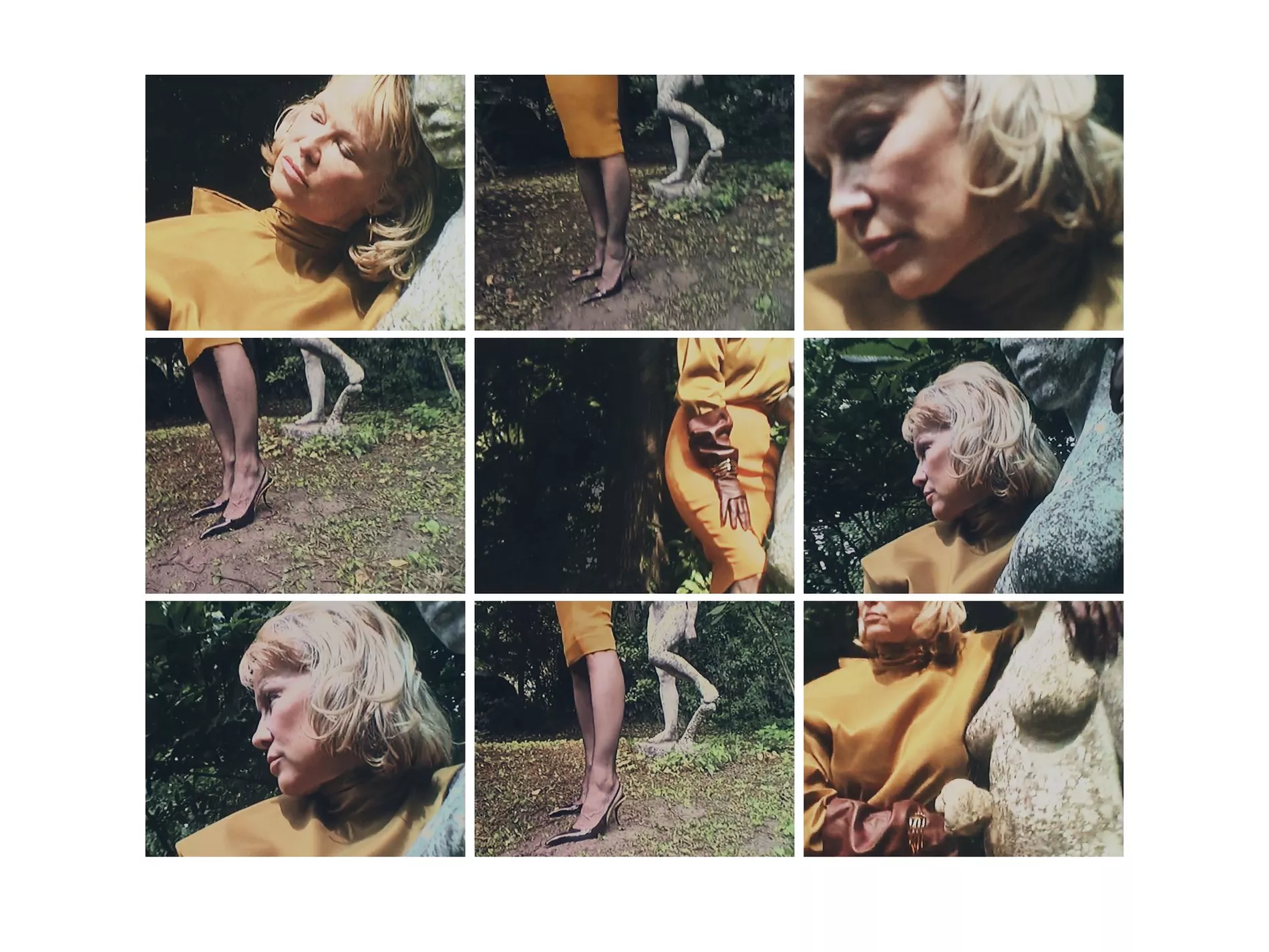 Fashion forward collage: woman in mustard dress and heels poses near a statue in an outdoor setting featuring natural lighting.