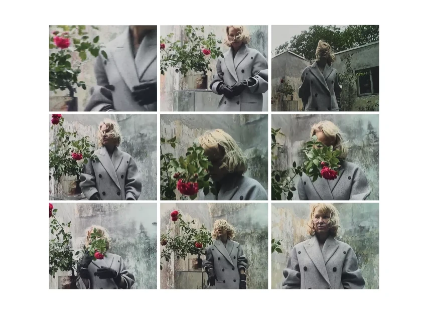 Woman in grey coat with roses. Fashion editorial shot shows blonde woman in double-breasted coat with rose bushes against distressed wall.